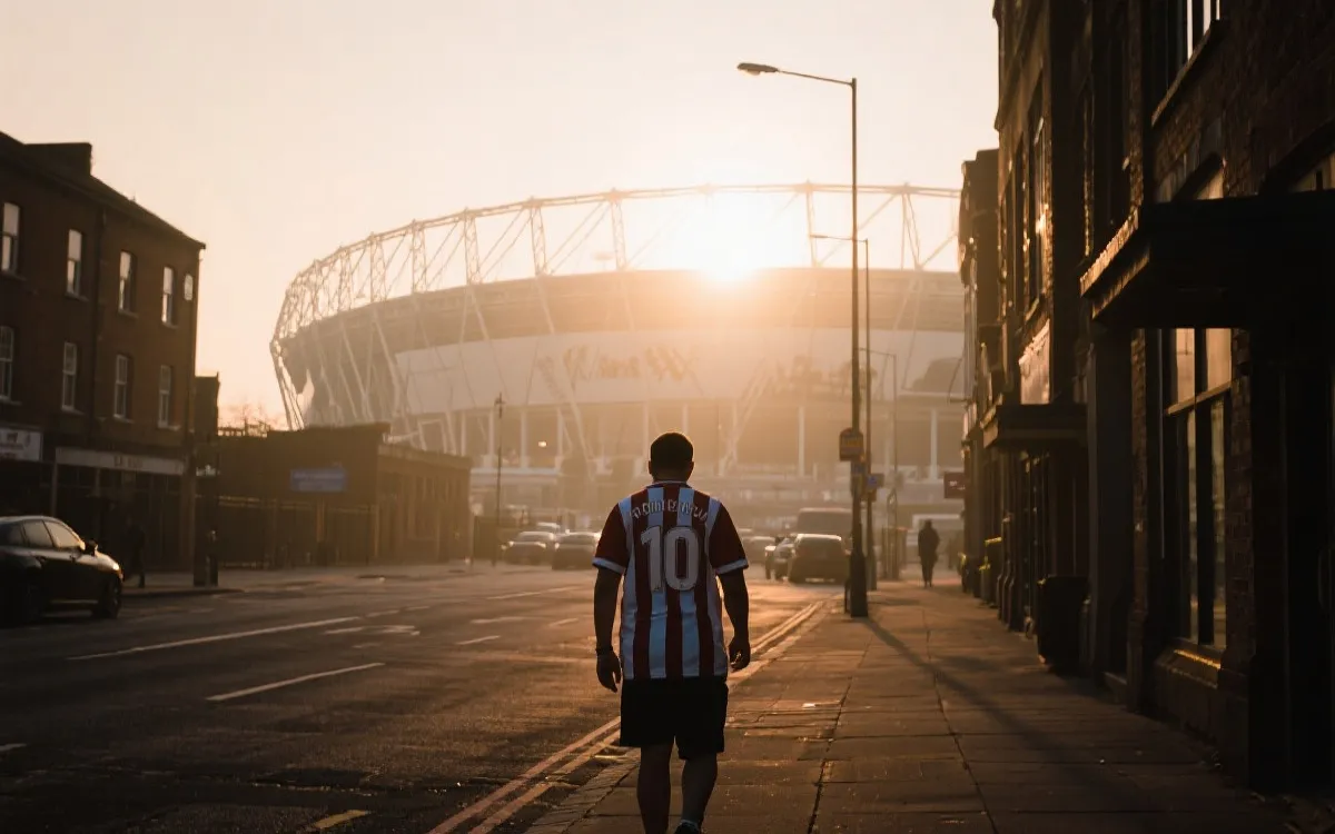 清晨城市街景与球迷步行前往球场的旅行观赛氛围图