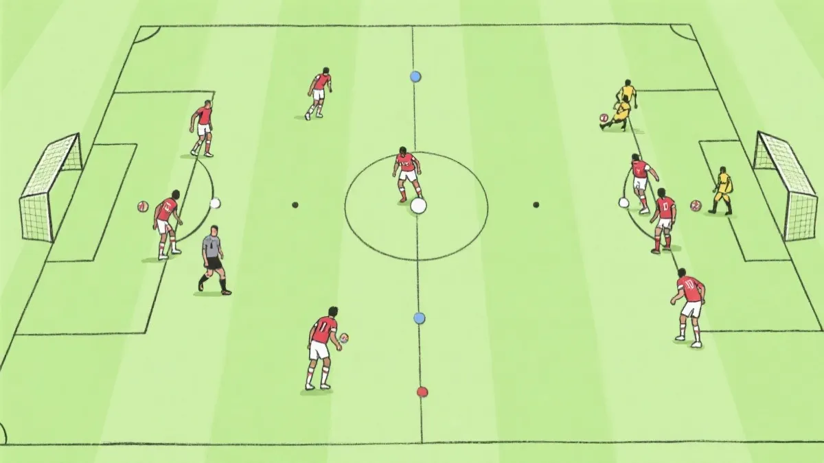 三后卫体系在边翼卫高位时的进攻站位示意，弱侧远点包抄