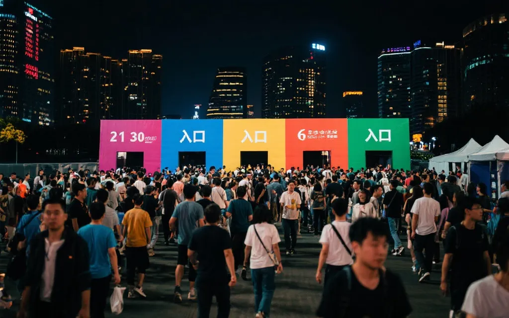 比赛结束后多出口分批疏散的人流与指示牌